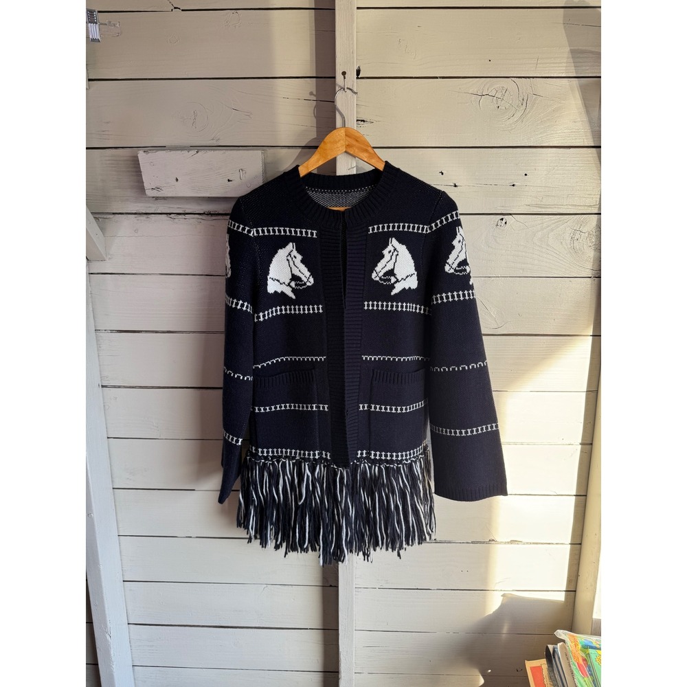 Commense Black White Horse Intarsia Fringe Cardigan Wool Blend Sweater Womens M - Picture 8 of 8